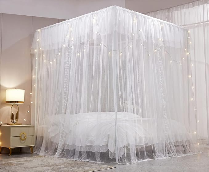 VETHIN 4 Corners Post Ruffle Princess Bed Canopy Curtain-Double Layer Cozy Drape Netting 4 Opening Mosquito Net for Girls Adults Bedroom Decoration (White/White, 47" W*78" L*82" H/Twin)