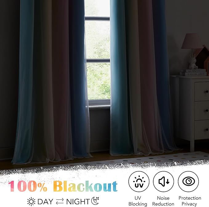 100% Blackout Curtains with Sheer Overlay Mix and Match Double Layer Drapes 63 Inch Length 2 Panels for Room Bedroom Ombre Rainbow Grommet Window Treatment with Tiebacks