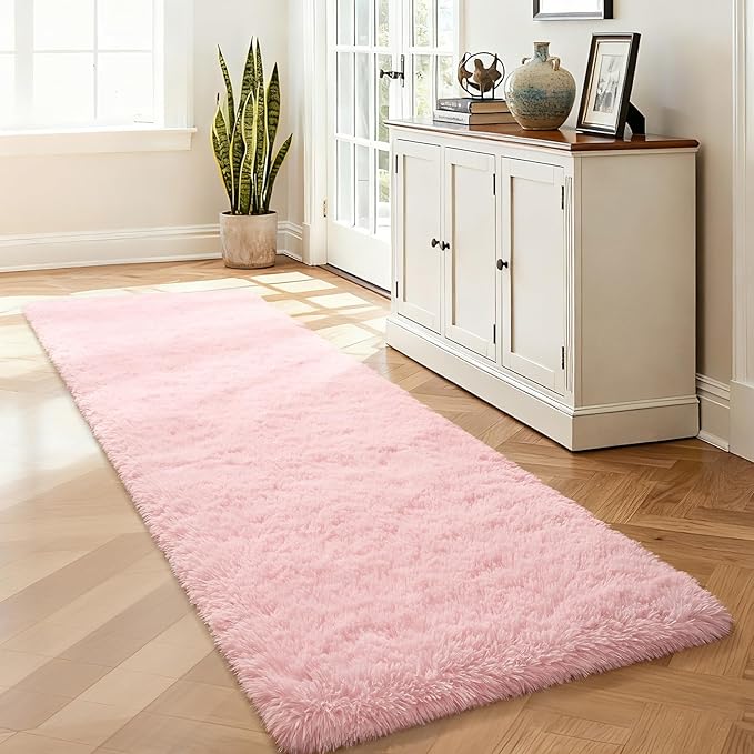 Merelax Soft Runner Rugs for Living Room Hallways Entry, Non-Slip 2x6 Pink Fluffy Girls Bedroom Rug, Plush Shaggy Fuzzy Furry Cute Shag Carpet for Baby Nursery Children Kids Teens Room Holiday Decor