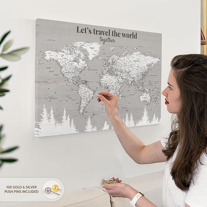 ElephantStock - Let's Travel II Push Pin World Map Wall Art - Horizontal Canvas Wall Art - Living Room Wall Decor - Digital Art Map Canvas Art - Gray And White Decor - 30" x 20"