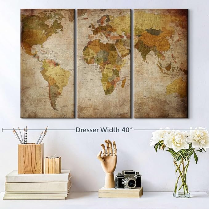 ElephantStock World Map Multi Piece Canvas - 3 Piece Canvas World Map Wall Decor - Wall Decor - Ready-to-Hang Print - Vintage Wall Art - 33" X 20"