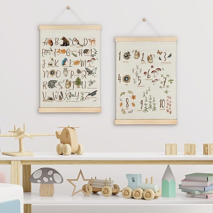 SereneHanctuary Alphabet Number Nursery Wall Art,Classroom Wall Decor, Animal Botanical ABC Numbers 1-10 Educational Poster Hanger Frame for Kids Room Classroom Decor,12x16 Inches Set of 2