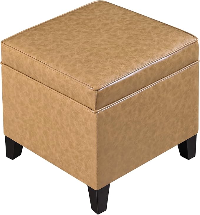 Adeco 17" Storage Ottoman Foot Rest Stool, Light Yellow Leather Ottoman with Black Solid Wood Legs and Hinged Lid, Small Foot Stool for Living Room, Bedroom