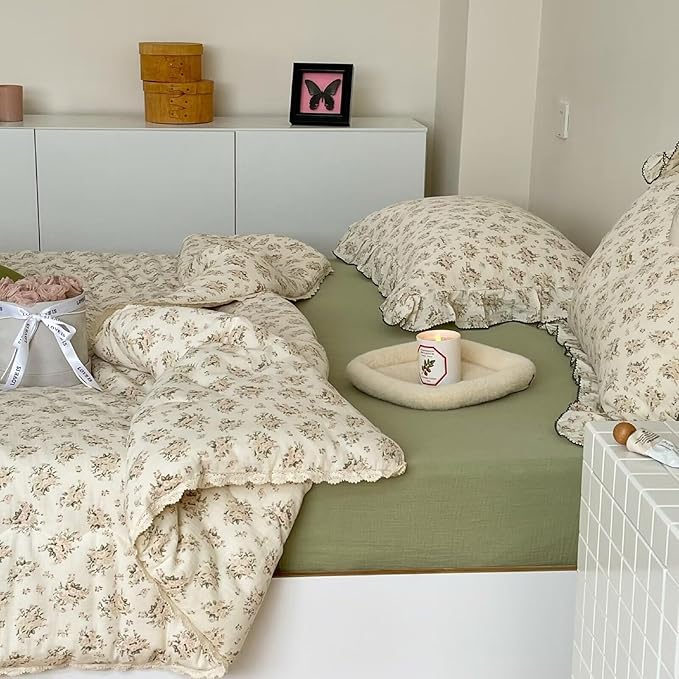 BuLuTu Shabby Chic Toddlers Kids Teens Quilt for Full/Queen Bed, Reversible Pink Floral Comforter with Lace Edges, Muslin Cotton Quilted Blanket 79"x90", Peony Pattern, No Pillowcase