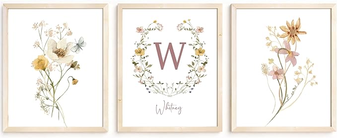 Personalized Name Flower Nursery Wall Art Prints, Crib & Nursery décor, Newborn Baby Girl Gift Present, Floral Baby Girl Room Pictures, Poster For Baby And Kids (3 Prints, Flower 3)