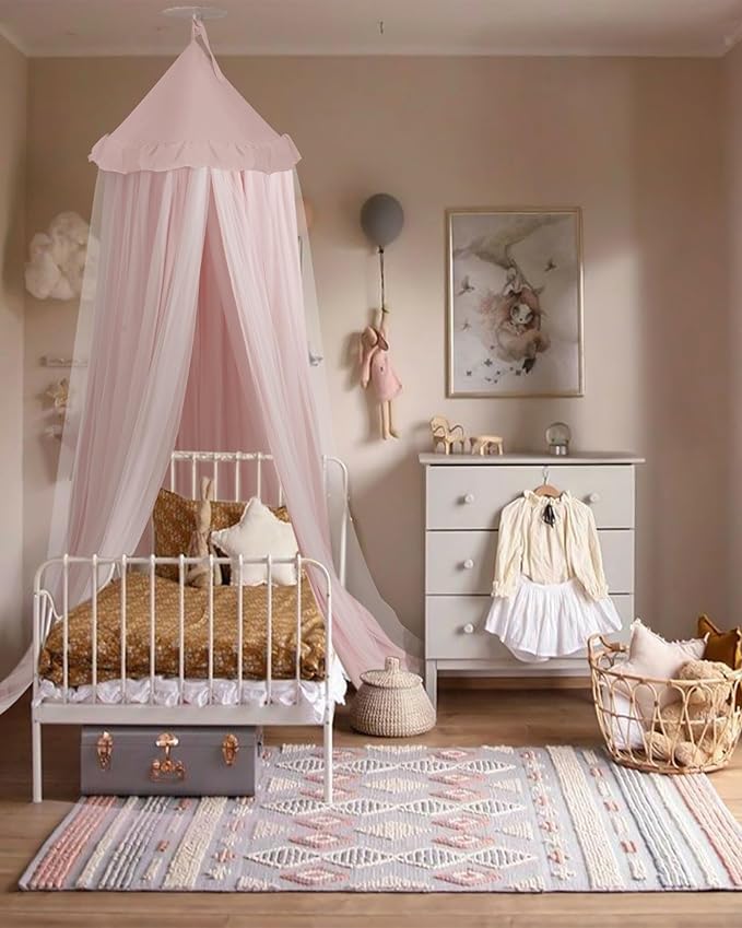 Bed Canopy with Star Lights, Double Layer Canopy for Bed, Princess Play Tent for Girls Room, Breathable Canopy Bed Curtain for Children Reading Nook, Machine Washable Canopy, 25.6''x106'', Pink