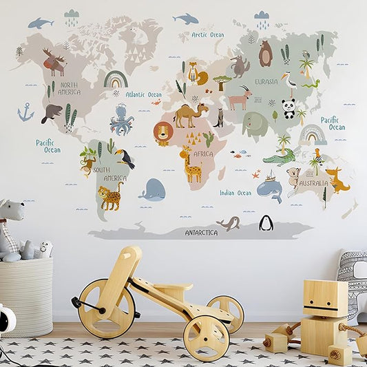 Animal World Map Wall Decals Jungle Animal Wall Stickers Forest Wild Animals Elephant Monkey Wall Art Vinyl DIY Removable Peel and Stick for Kids Boys Bedroom Nursery Classroom Home Decoration