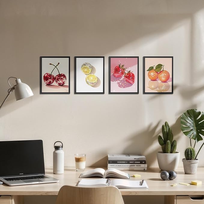 OFJE Funky Trendy Disco Fruit Cherries Lemon Orange Strawberries Wall Art Decor Prints Set of 4, Preppy Aesthetic Fruit Poster Print for Living Room Girls Bedroom Kitchen Decor, 8x10 Unframed