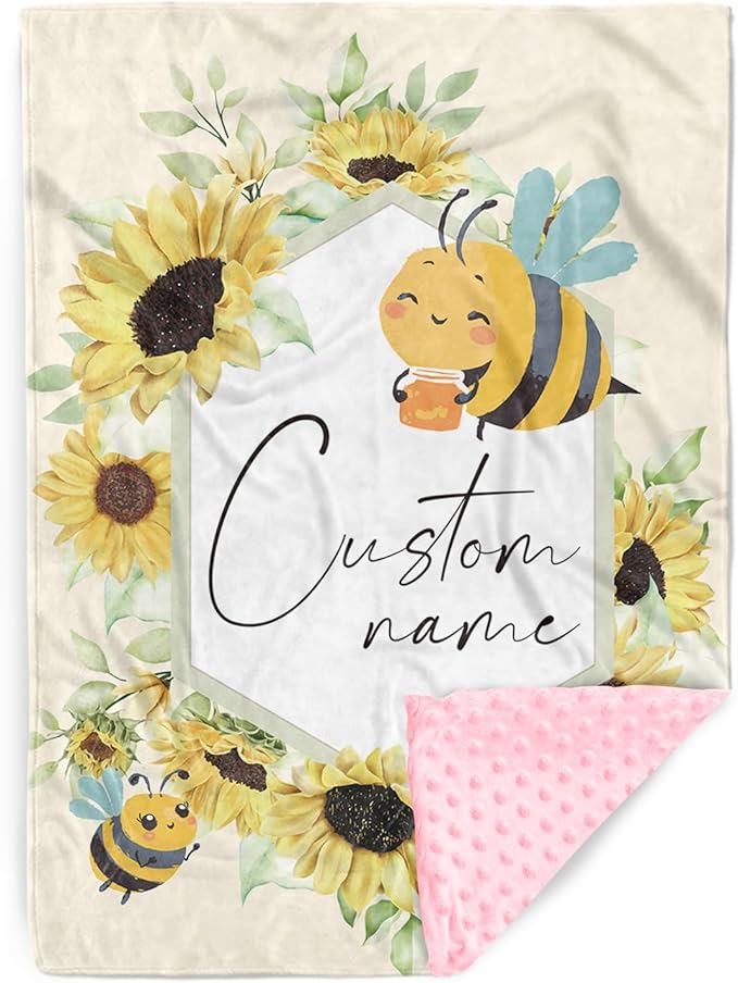 Personalized Baby Blankets for Boys Girls, Custom Name Yellow Bee Design Baby Blanket, Soft Receiving Blanket for Newborns and Toddlers, Ideal for Baby Showers and Nursery Decor