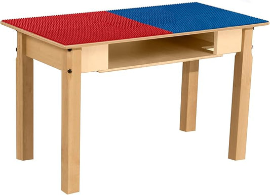 Time-2-Play 30.75" W Rectangular Red & Blue Montessori Lego Compatible Blocks Table with 18" Long Legs, Birch Plywood Activity Play Table for Kids Playroom, Natural Finish