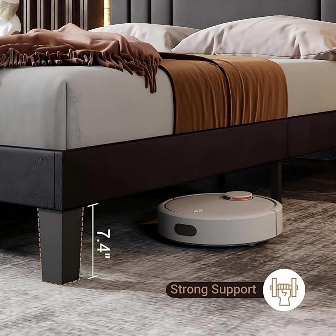 Tyndall Full Size Bed Frame, Faux Leather Upholstered Platform with Headboard, Black