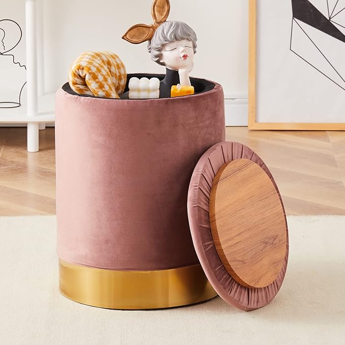 Mxfurhawa Velvet Storage Ottoman Multipurpose Footrest Stool with Metal Base Modern Round Vanity Stool Chair Ottoman Foot Stools Support 300 lbs Padded Seat for Living Room (Dusty Rose (Velvet))
