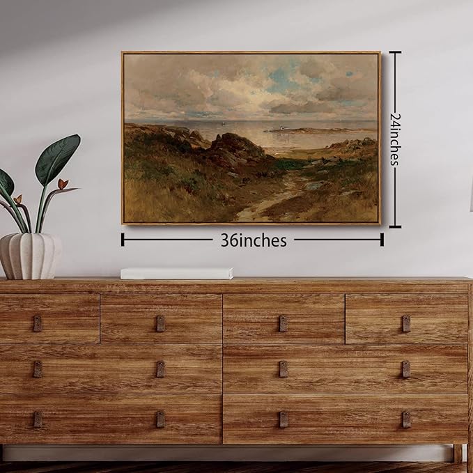 OIQArtOIQ Framed Vintage Landscape Wall Art Coast Natural Scenery Oil Painting Canvas Prints Country Farmhouse Aesthetic Decor Fall Pictures for Kitchen Bedroom Living Room Bathroom