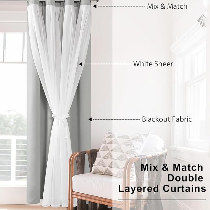 Hiasan Blackout Curtains with Sheer 84 Inches Long, Grommet Thermal Insulated Mix & Match Double Layer Window Curtains for Bedroom, Living Room, 2 Drape Panels with Tiebacks, Silver Grey, 52W X 84L