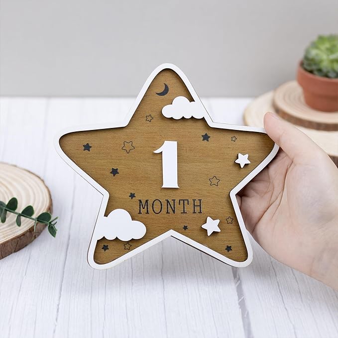 Wooden 3D Baby Monthly Milestone Cards Monthly Milestone Discs Newborn Photography Props Baby Announcement Sign Baby (Star)