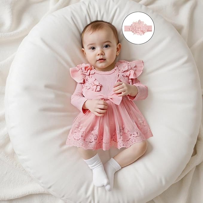 Giraropa Baby Girl Fall Winter Clothes Long Sleeve Romper Dress + Socks + Headband Newborn Infant Cute Casual Outfits