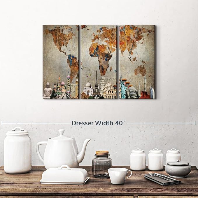 ElephantStock Rusty World Map Multi Piece Canvas - 3 Piece Canvas World Map Wall Decor - Wall Decor - Ready-to-Hang Print - Vintage Wall Art - 23" X 14"