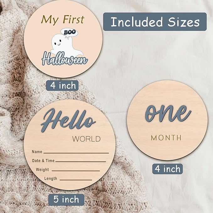 Monthly Baby Milestone and First Holiday Signs, Wooden Baby Months Disc Set 1-12, Hello World Newborn Announcement Props (Blue)