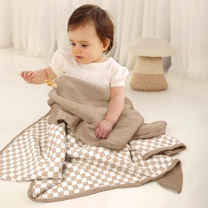 lulumoon Muslin Checkered Baby Blankets：Lightweight Cotton Toddler Blanket - Ideal for Stroller 47"x47"（Caramel Checkered）