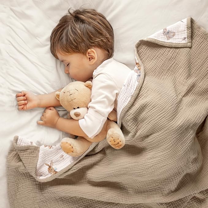 lulumoon Muslin Baby Blanket for Unisex: Cotton Baby Blanket with Bunny - Soft Breathable for Newborn Stroller & Daycare 47"x47" (Brown Bunny)