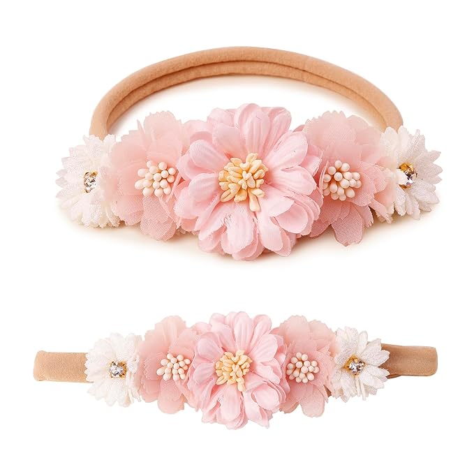 Baby Girl Floral Headbands- 3pcs Nylon Headband Handmade Flower Crown Elastic Hairband Newborn Toddler Hair Accessories Gifts for Girls （1-6 years old）