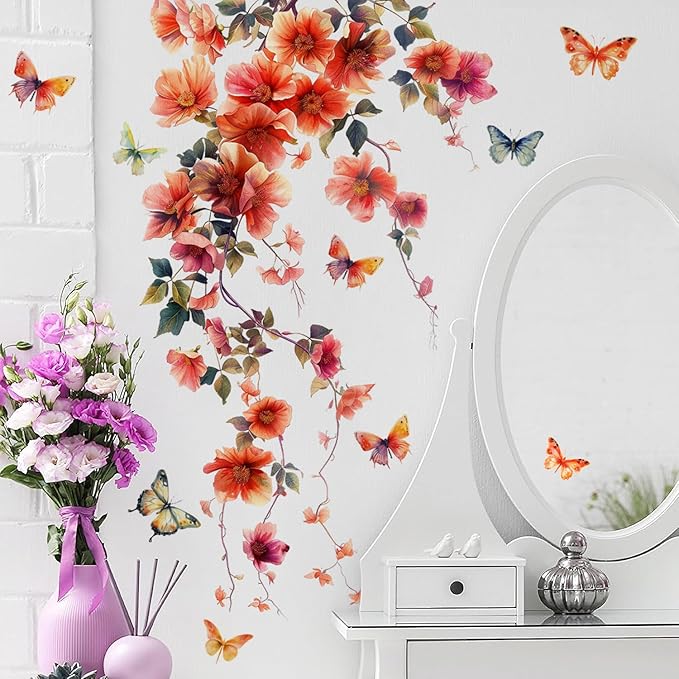 2 Sheets Removable Hanging Red Vine Flowers Wall Decal DIY Colorful Flying Butterfly Wall Decal Self-Adhesive Art Decor for Girls Room Living Room Bedroom Office TV Backdrop Home Decor