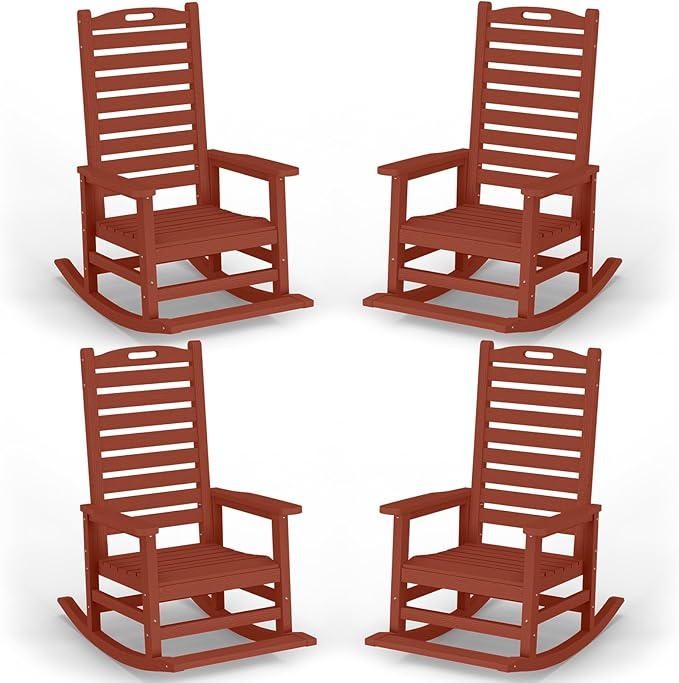Outdoor Rocking Chair Set of 4 with Removable Footboard for Adults, HDPE High Back Patio Rocking Chairs, 330lbs All Weather Porch Rocking Chairs for Outdoor & Indoor -Reddish Brown