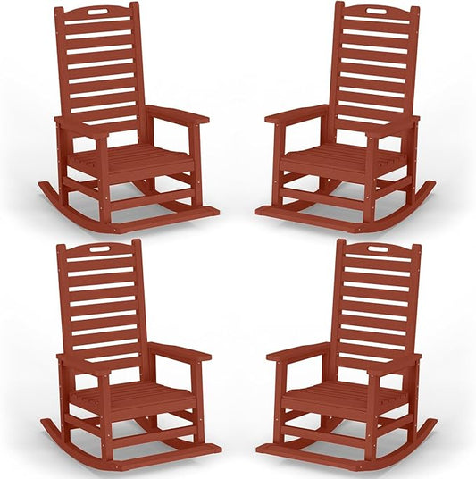 Outdoor Rocking Chair Set of 4 with Removable Footboard for Adults, HDPE High Back Patio Rocking Chairs, 330lbs All Weather Porch Rocking Chairs for Outdoor & Indoor -Reddish Brown