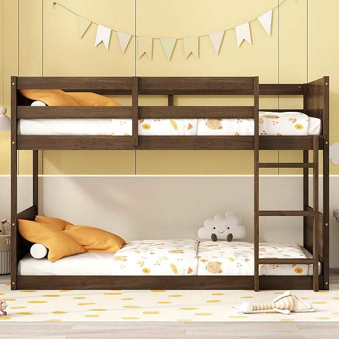 Bunk Bed Twin Over Twin, Wood Low Profile Floor Twin Bunk Beds with Headboard Ladder Guardrails for Kids Boys and Girls, No Box Spring Needed