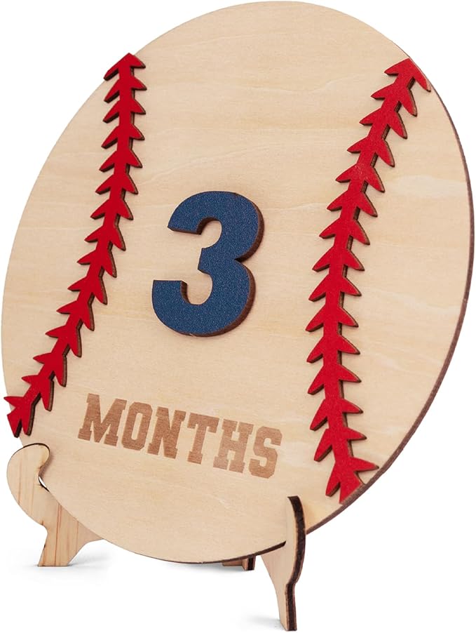 Wooden 3D Baby Monthly Milestone Cards Monthly Milestone Discs Newborn Photography Props Baby Announcement Sign Baby (Baseball)