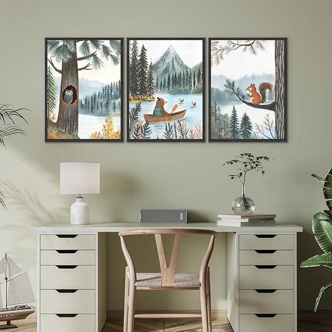 3 pcs Woodland Animal Nursery Wall Art Whimsical Kids wall decoration pictures Bear Owl Squirrel Illustrations Posters Prints for Playroom Toddler Bedroom Home Decor Unframed (16x24in poster)