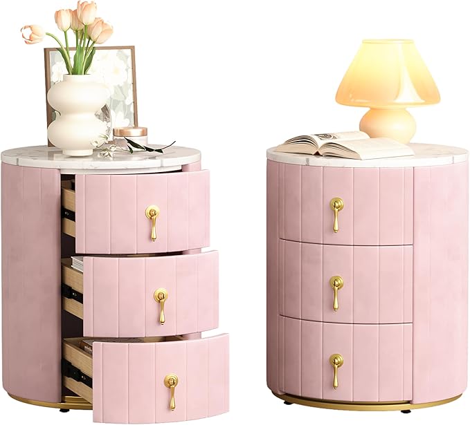 Bellemave Set of 2 Upholstered Nightstand with 3 Drawers, Two Round Bedside Tables with Metal Handles, Velvet End Tables, Marbling Stickers Top Nightstands (Pink)