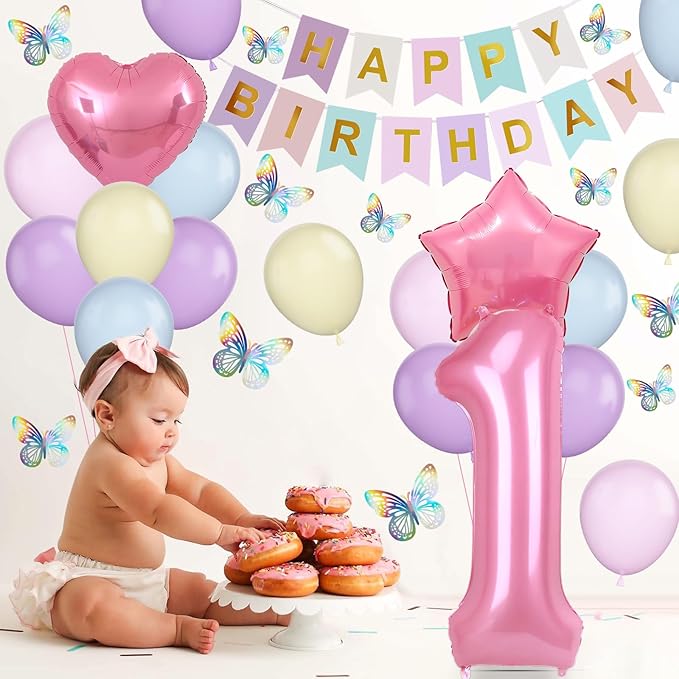 1st Birthday Decoration for Girls, Pastel Macaron 1st Birthday Balloon, Pink Number 1 Balloon with Butterfly Stickers, Star Heart Foil Balloons Banner Set for Baby 1 Year Old Birthday Party Decor
