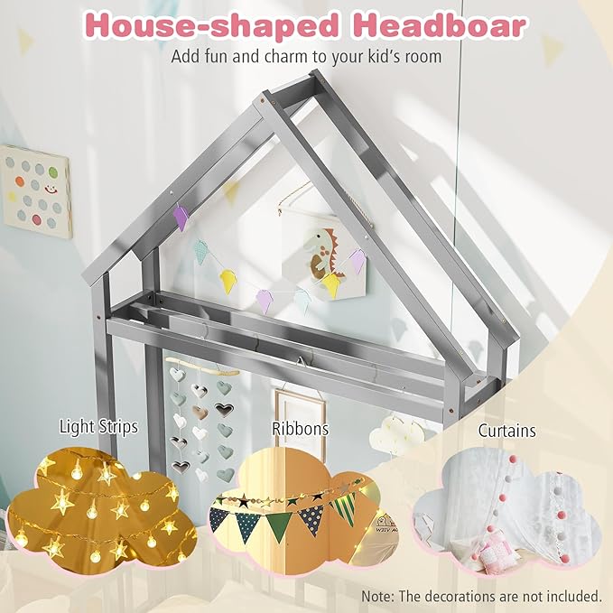 MAT EXPERT Twin Floor Bed with House-Shaped Headboard, Montessori Kids Bed with Detachable Clothes Hanger, Full Length Safety Guardrails, Solid Wood Twin Bed Frames for Kids (Gray)