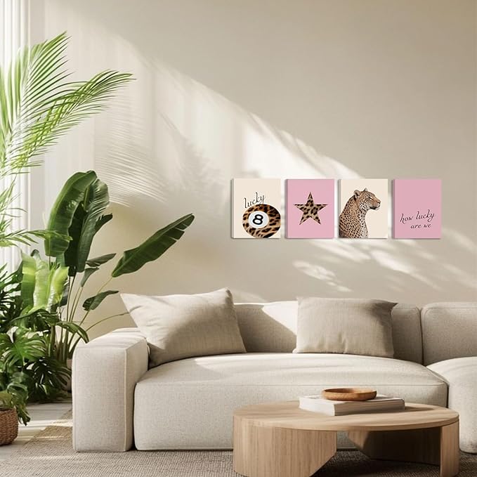 Lucky Leopard Pink Wall Art Set of 4, Retro Y2K Preppy Aesthetic Framed Canvas Prints, Lucky 8 Ball Star and Quote Trendy Fashion Wall Decor for Bedroom Dorm Bathroom Home Decor 8x10in