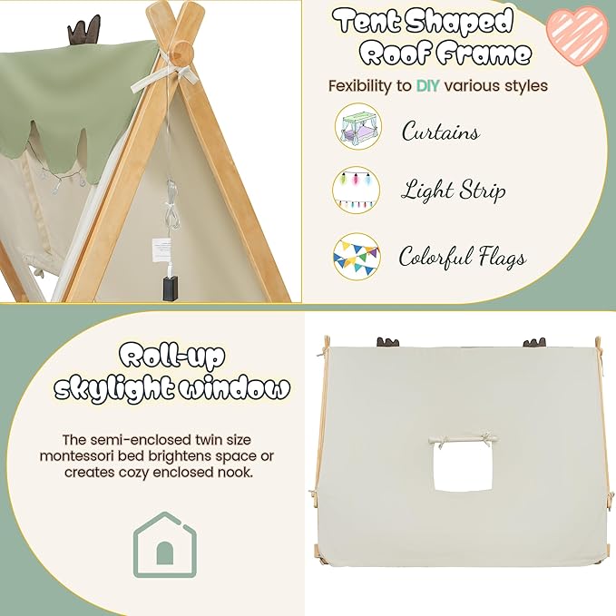 Montessori Floor Bed Twin with Tent & Light, Wood Twin House Beds for Kids, DIY Playhouse, Low-Profile Teepee Bed, Playful Indoor Adventure & Sleep for Girls Boys,Natural+White