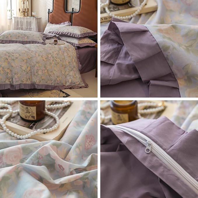Garden Style Flower Duvet Cover with Purple Ruffles Vintage Floral Duvet Cover 100% Cotton Princess Lace Bedding Set Botanical Flower Comforter Cover Boho Cottagecore Bedding Cover with Zipper Ties