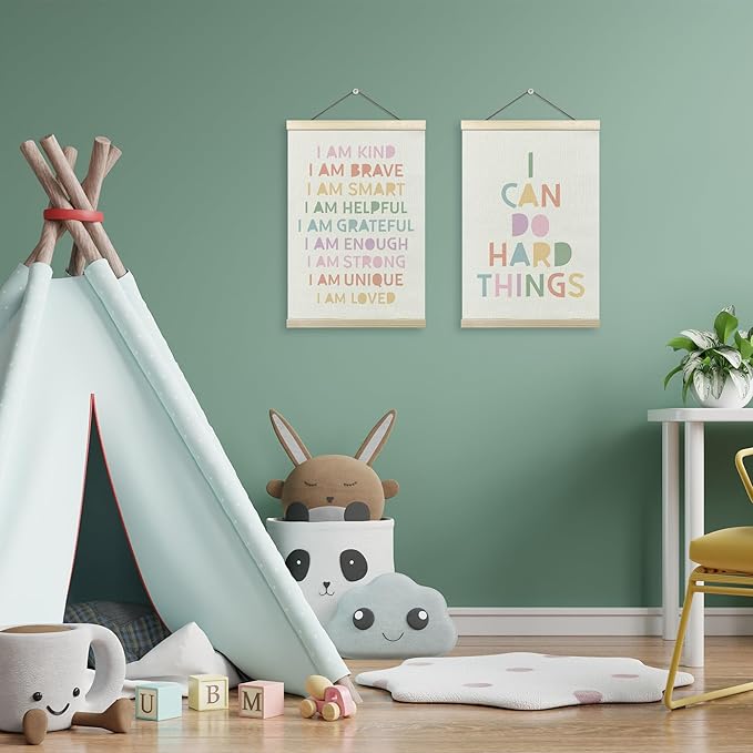 Pastel Boho Kids Wall Art Decor, I Can Do Hard Things Positive Affirmations Poster Hanger Frame for Kids Room Bedroom Nursery Playroom Classroom Wall Decor, 12x16 Inch Set of 2
