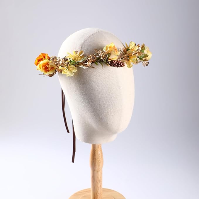 Fairy Rose Flower Crown - Golden Leaves Autumn Yellow Flower Headband Fashion Boho Bridal Floral Headpiece Women Girls Vacation Party Festival Photo Prop