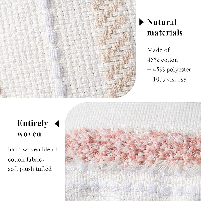 blue page Boho Tufted Square Pillow Cover 22 × 22 in – Neutral Pink | Woven Farmhouse Accent Decorative Throw Pillow Cover with Tassels & Invisible Zipper for Couch, Bed or Living Room
