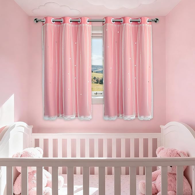 Pink Curtains for Girls Bedroom Cute - Aesthetic Star Cutout Blackout Double Layer with Sheer Overlay, 54 Inch Length 2 Panels Kids Room Curtain Baby Nursery Decor Short Drapes