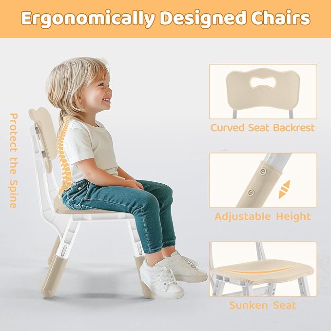 Kids Table & Chairs Set (2 Chairs) Height Adjustable for Ages 2-8 | Non-Slip Toddler Activity Table with Wipe-Clean Desktop, Montessori Learning & Art Drawing Tables for Home Preschool