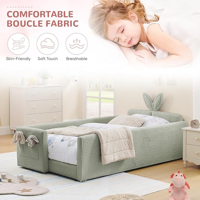 Twin Size Kids Bed with Rabbit Ear Headboard, Upholstered Boucle Fabric Twin Daybed with Slats Support & Side Pockets, Space-Saving Wooden Corner Sofa Couch Bed Frame, for Girls, Boys, Teenager(Green)