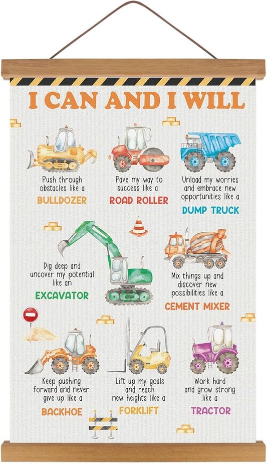 KAIRNE Construction Wall Art,Trucks Positive Affirmations Posters,Inspirational Construction Art Prints,Motivational Quotes Hanging Wall Decoration for Boys Room Living Room Bedroom Playroom Decor