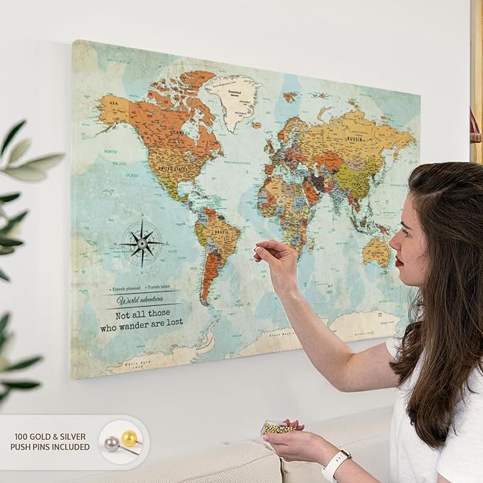 ElephantStock - Personalized Wanderer Push Pin World Map Wall Art - Horizontal Canvas Wall Art - Living Room Wall Decor - Digital Art Map Canvas Art - Orange And Blue Decor - 39" x 26"