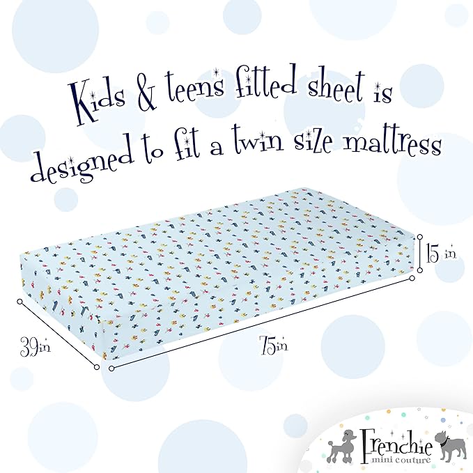 Frenchie Mini Couture, 2-Piece Kids Twin Sheets Set, 100% Woven Cotton, Deep Pocket Bed Sheet 39 x 75 x 15in + Pillowcase 20 x 30, Cars, Boats, & Planes