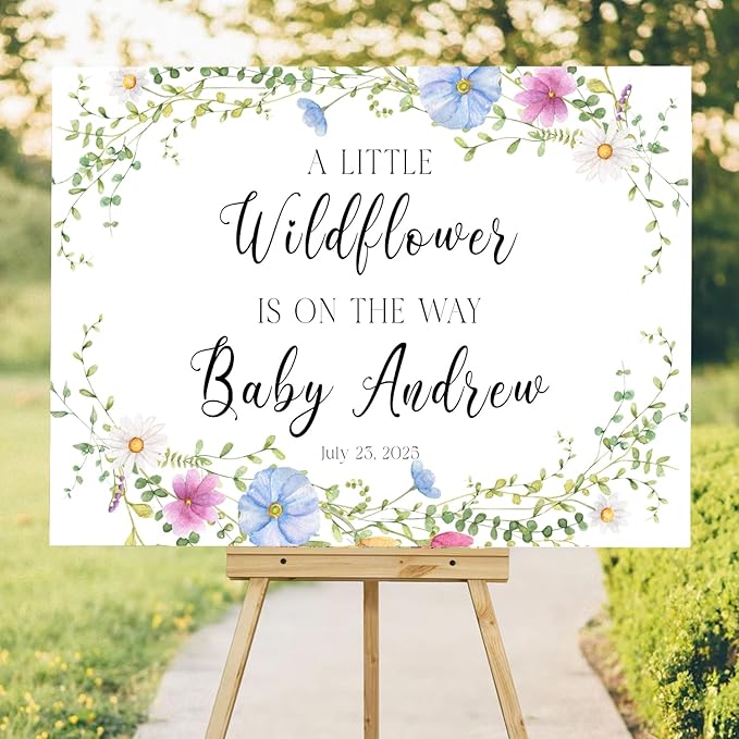 Personalized Wildflower Wreath Baby Shower Welcome Sign- Little Wildflower Announcement Yard Sign - Boy or Girl Baby Shower Entrance Decor