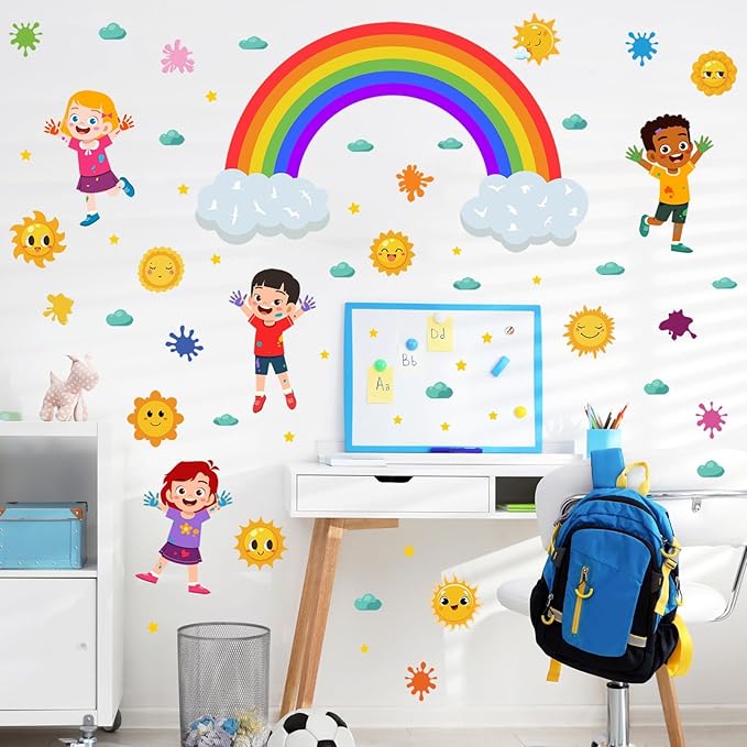 Rainbow Wall Decals Colorful Kids Wall Stickers for Classroom, Inspirational Sun Clouds Wall Decals Watercolor Splatter Sunny Art Murals for Girls Room Nursery Playroom Decorations