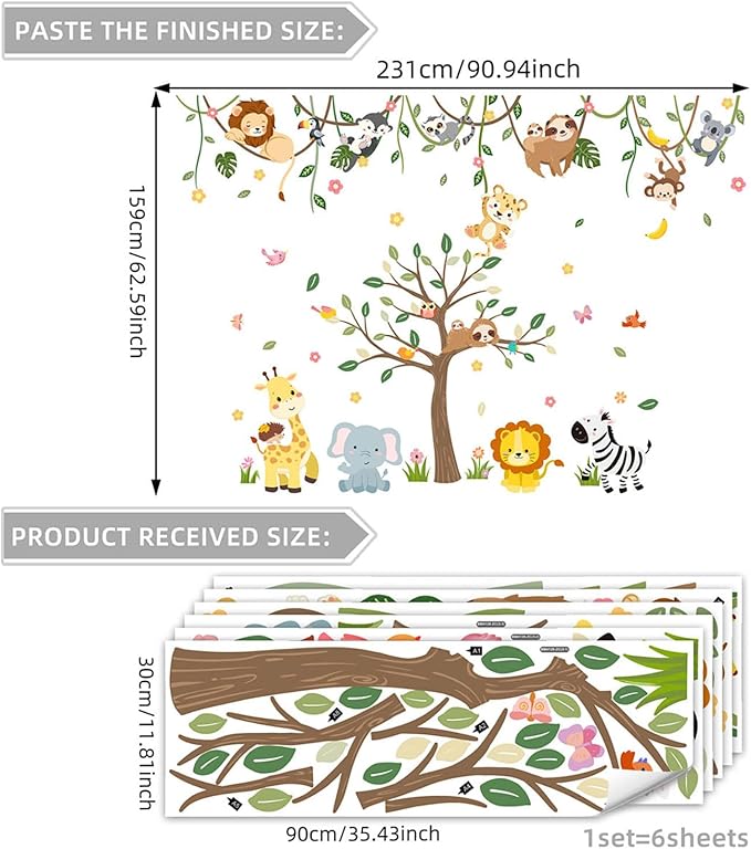 Large Jungle Safari Wall Decals 62.59”x90.94” Animals Climbing Trees Removable Peel and Stick Wall Art for Nursery Kids Room Playroom Decor