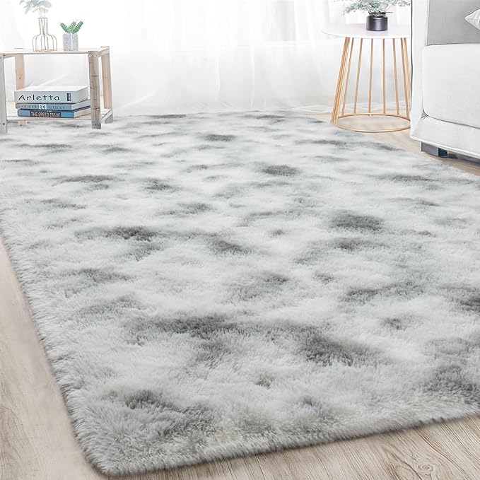 Merelax Soft Area Rugs for Livingroom Bedroom, Shaggy Plush Fuzzy Fluffy Carpet Furry Fur Rug, Modern Indoor Comfy Nursery Kids Dorm Home Decor Floor Mat, 5 x 8 ft, Tie-Dyed Grey & White